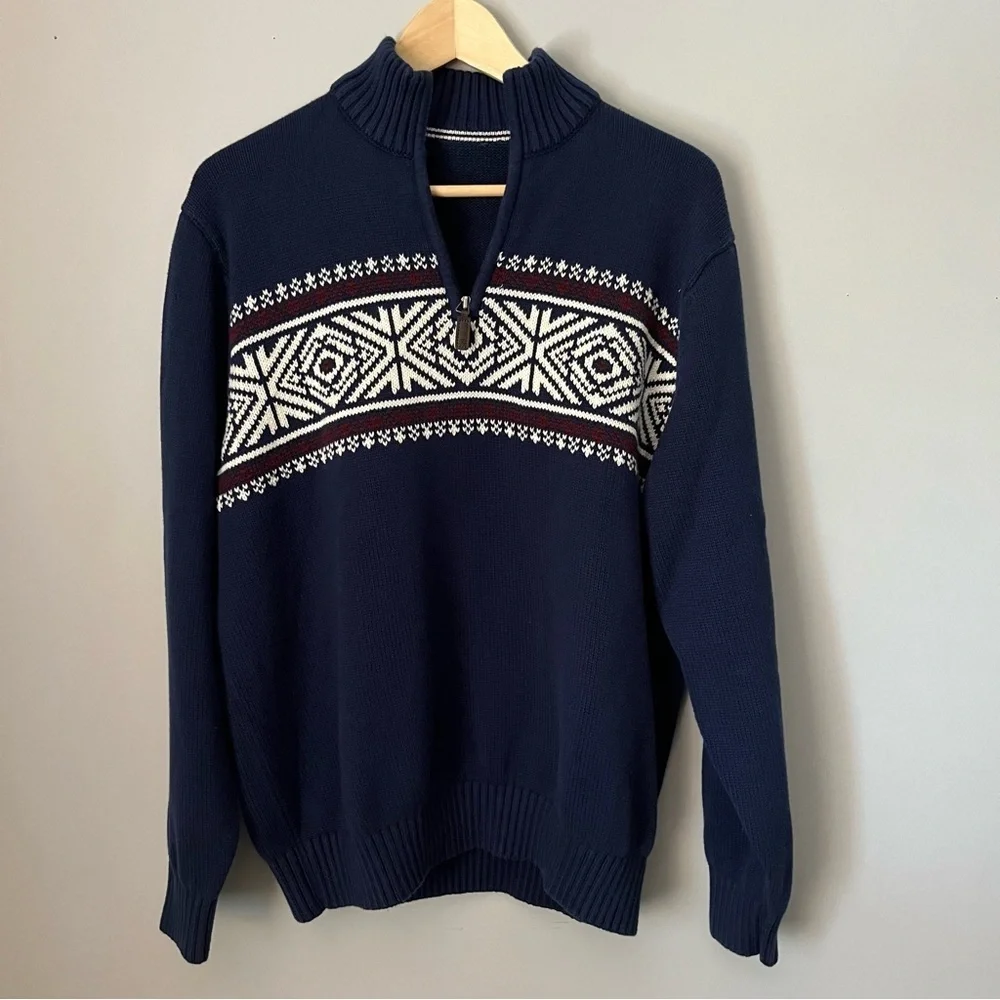 IZOD Navy Blue Fair Isle Quarter Zip Sweater Size Large